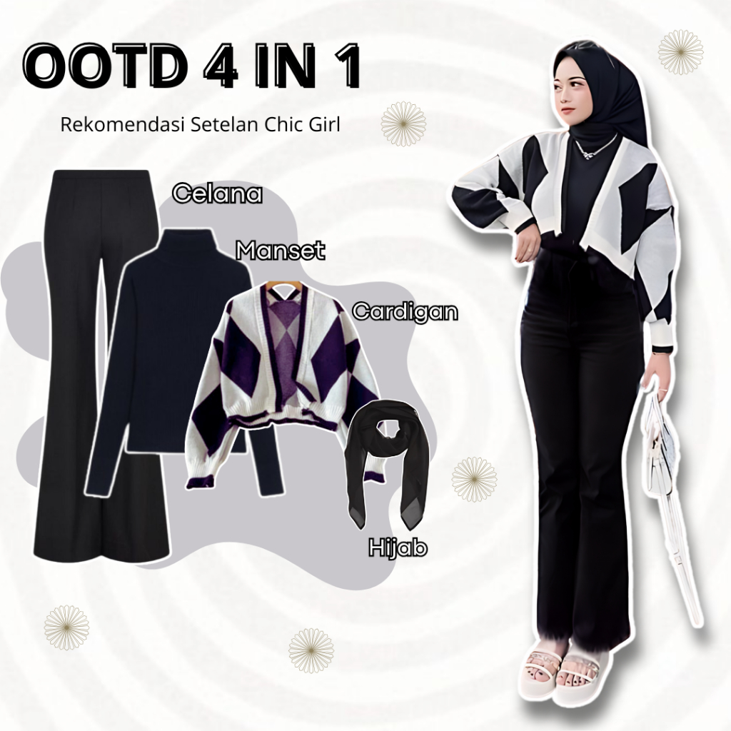 Oneset Remaja Korean Style  Cardigan + Manset + Celana + Hijab Outfit Wanita Casual Terbaru ROS021