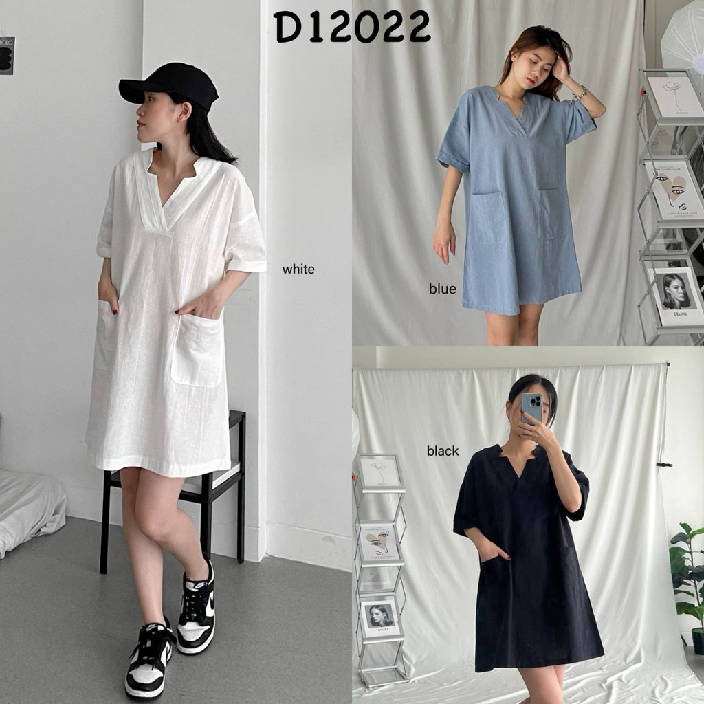 Aria Pocket Linen Casual Mini Dress / Dress Loose Longgar Nyaman Wanita D12022