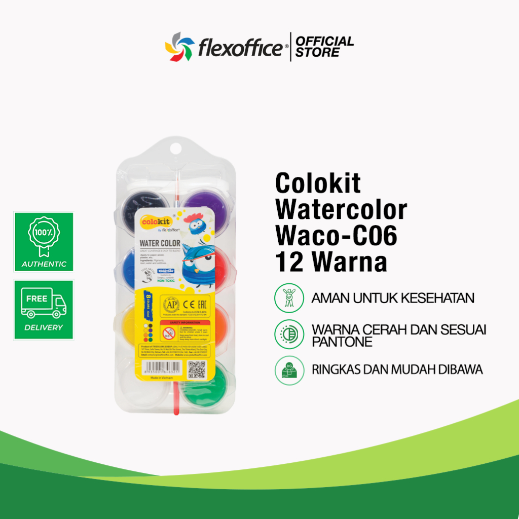 

COLOKIT WATERCOLOR WACO-C06 12 WARNA cat air warna terang aman untuk anak lukis mewarnai sekolah
