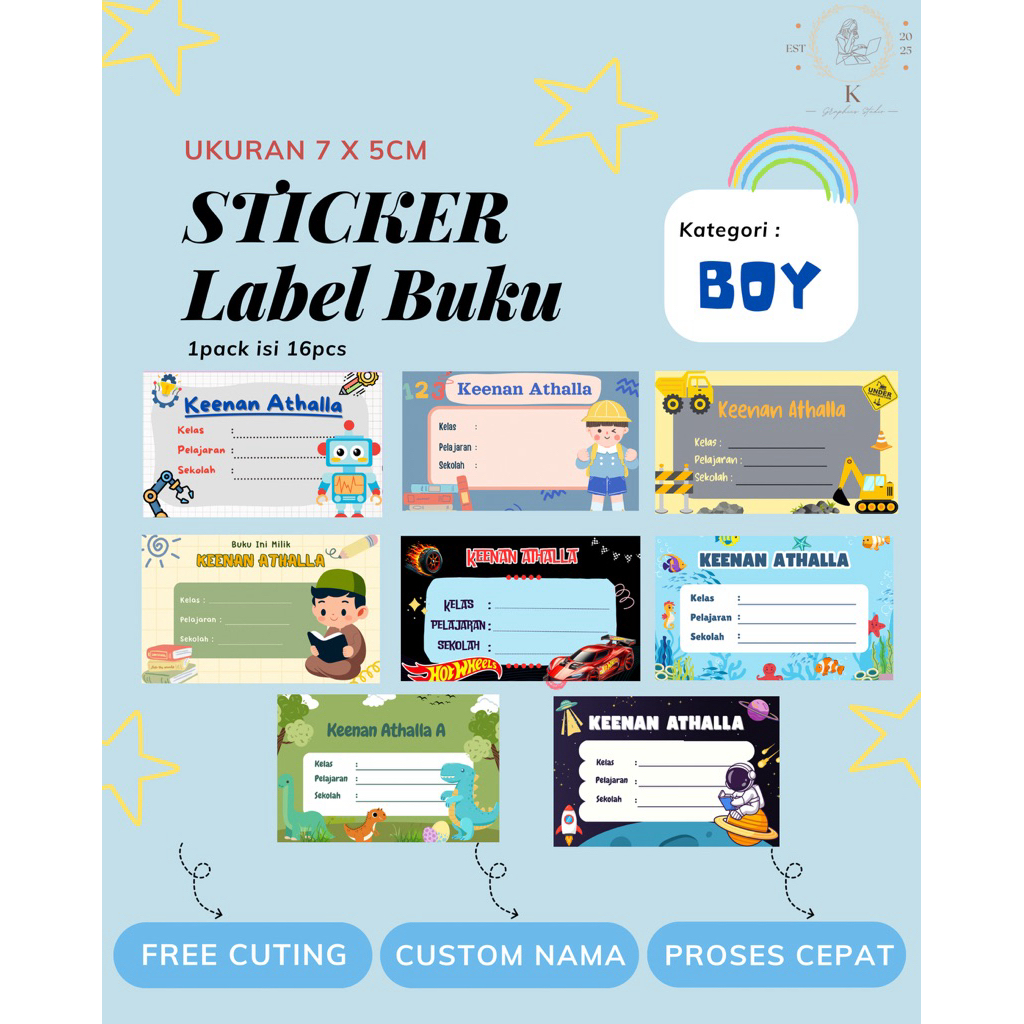 16pcs COSTUM LABEL BUKU | LABEL NAMA | LABEL BUKU PELAJARAN | STICKER BUKU | STICKER PELAJARAN