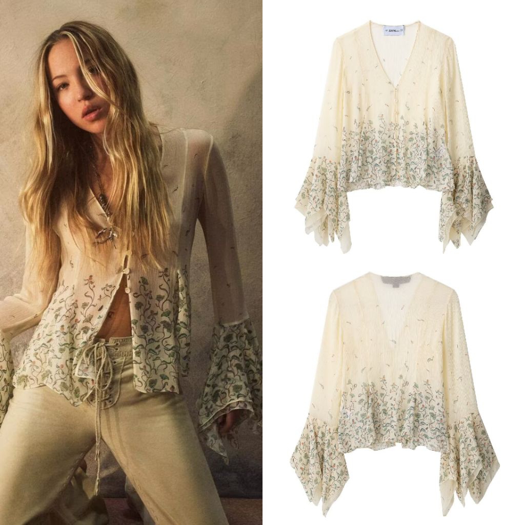 Ivory Floral Print Chiffon Blouse  78492