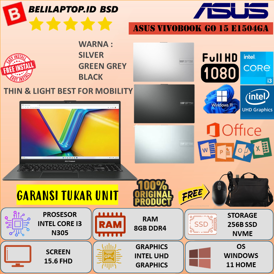 Laptop Asus Vivobook GO 15 E1504GA Core i3 N305 Ram 8GB DDR4 256GB SSD 15.6'' FHD Windows 11 Ori