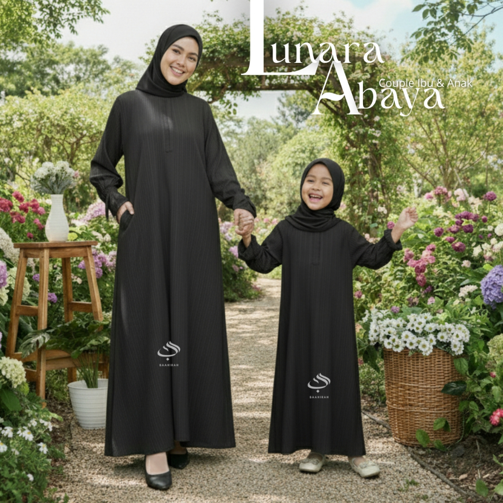 ABAYA BAJU COUPLE LEBARAN WARNA HITAM/ ABAYA IBU DAN ANAK PEREMPUAN WARNA HITAM/SARIMBIT LEBARAN