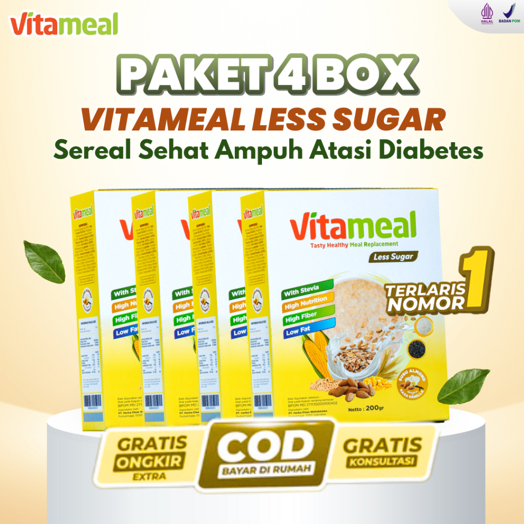 

GARANSI VITAMEAL LESS SUGAR 4 BOX Sereal Rendah Gula Sehat Halal Diabetes Kolesterol VITAMINILK KEBAS