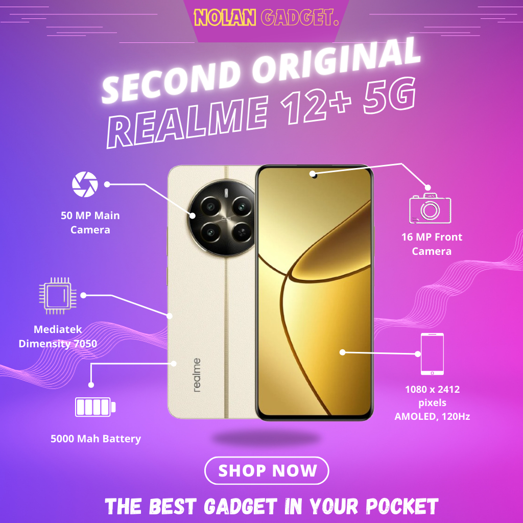 REALME 12 + PLUS 5G RAM • 8/256 GB • BERGARANSI RESMI INDONESIA FULLSET SECOND NOLAN GADGET