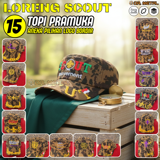 Topi Pramuka Scout Loreng Digital Bordir Perlengkapan Bahan ripstok Tali Belakang Strap Rel Aneka Mo
