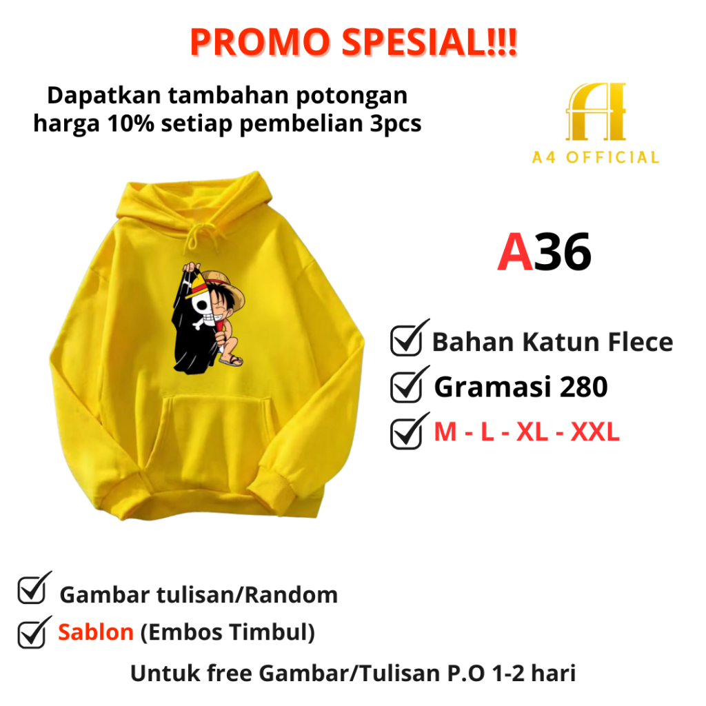 Sweater Hoodie Anime One Piece Luffy Jacket Hoodie Anime One Piece Bahan Katun Fleece Gramasi 280 - 