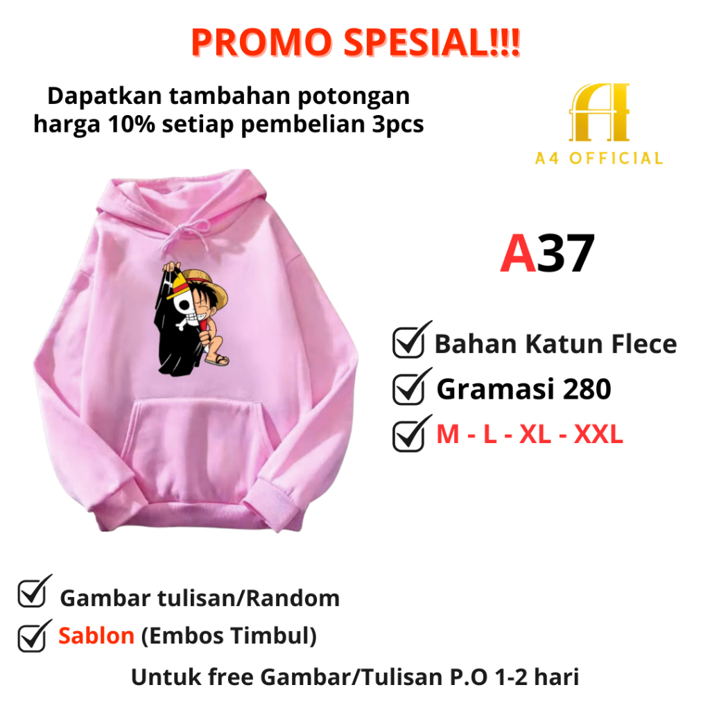 Sweater Hoodie Anime One Piece Luffy Jacket Hoodie Anime One Piece Bahan Katun Fleece Gramasi 280 - 