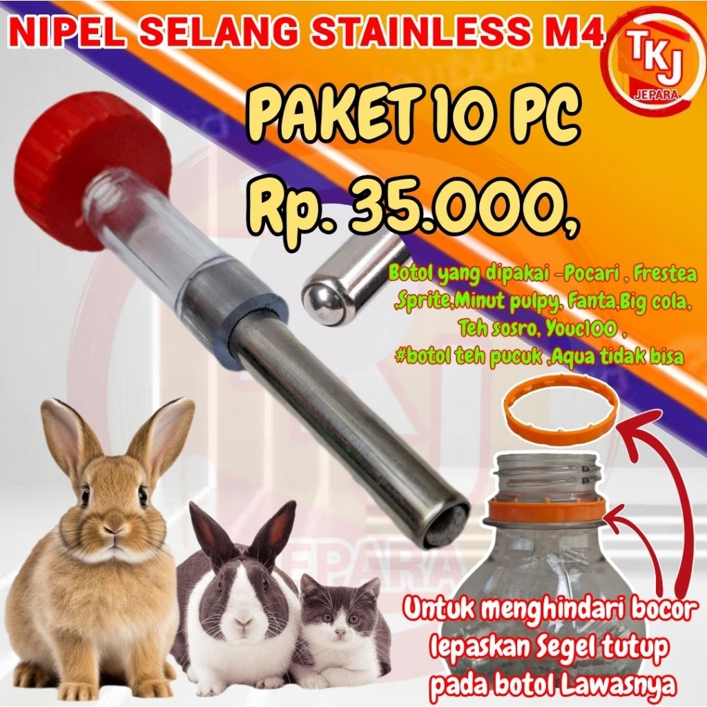 nipel kelinci selang stainless M4 paket 10 pc nipel DOT kelinci kucing musang Hamster