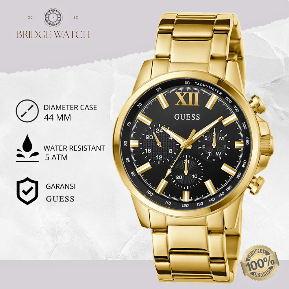 Jam Tangan Pria Guess GW0900G3 Chronograph Black Dial Case Gold Stainless Steel Strap Rantai Mewah C