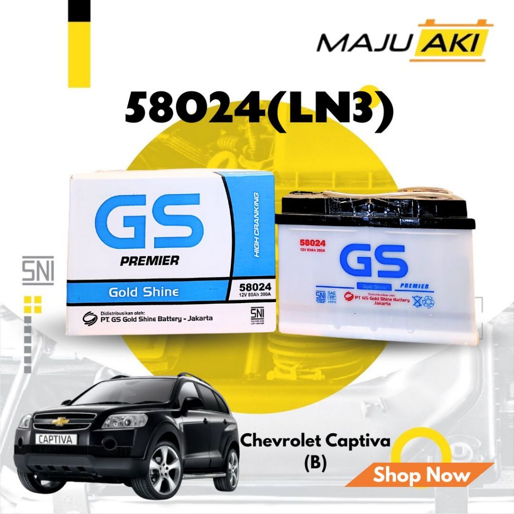 Aki Mobil Chevrolet Captiva Bensin Aki Basah GS Gold Shine Dry Charge Premier 58024 12V 80Ah