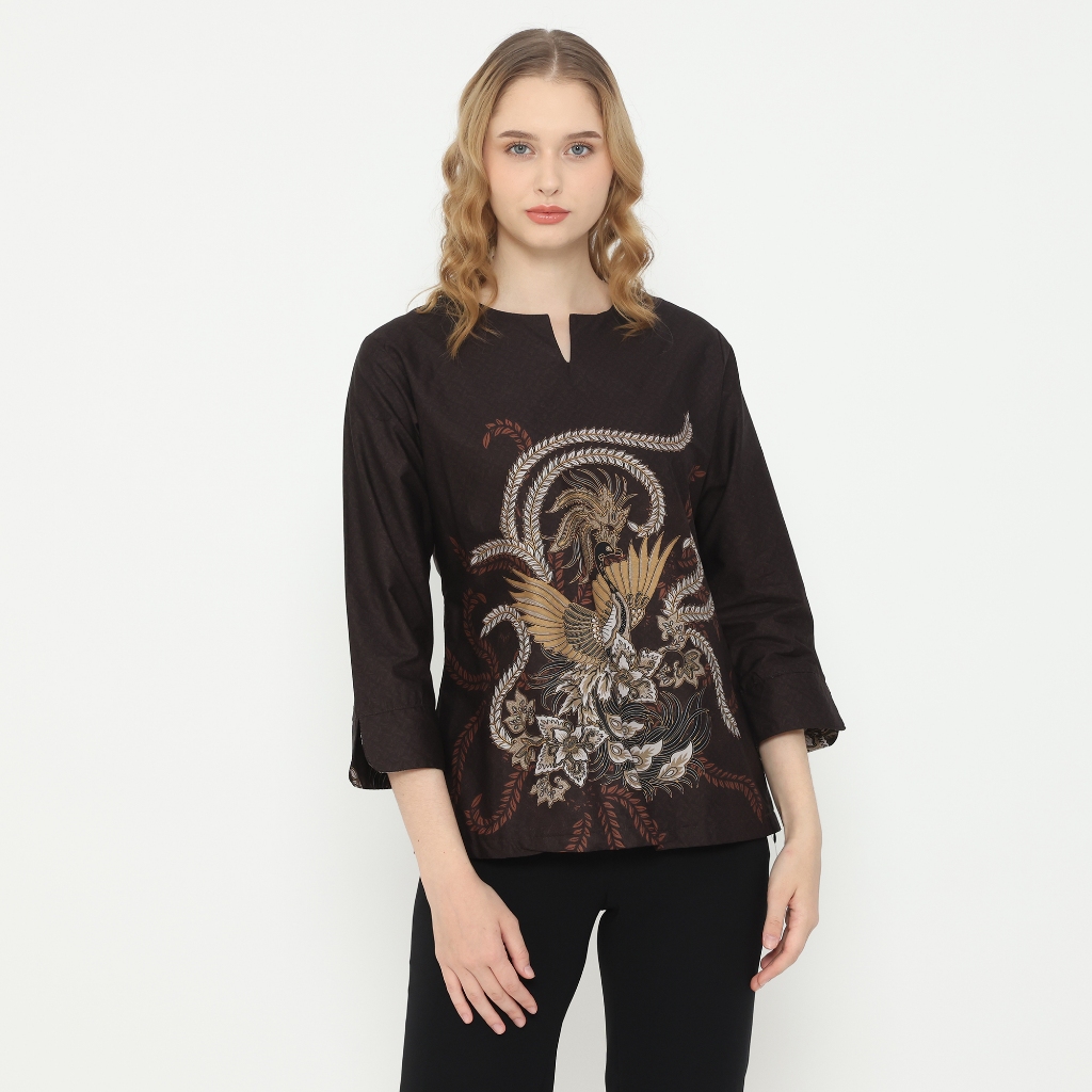 Dancus Blouse Batik Wanita Atasan Batik Wanita Lengan Panjang Warna Coklat OLR307