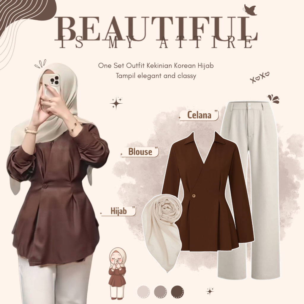 One Set 3in1 Kekinian Choco Series | Outfit Hang Out | OOTD Look | Blouse + Celana + Hijab - BU121N