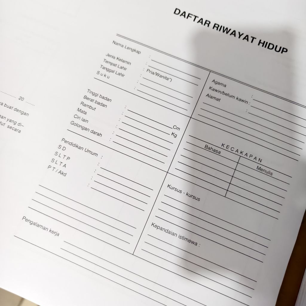 formulir riwayat hidup TNI angkatan darat