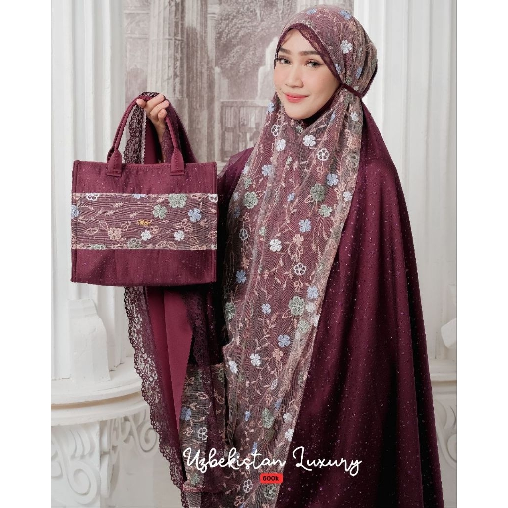 Mukena seserahan premium Uzbekistan luxury Burgundy Lace renda Embroidery silk Armani sutra