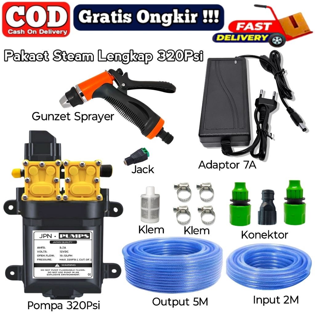[320PSI] PAKET LENGKAP ALAT CUCI STEAM MOTOR 12V 320 PSI 10 LPM DUAL PUMP HIGH PRESSURE / DINAMO POM