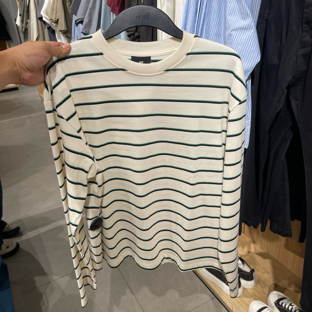 Tshirt H&M Man long sleeve loose fit stripe off white