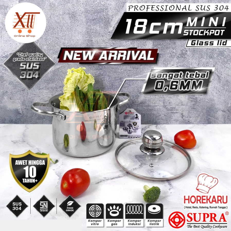SUPRA MINI STOCKPOT 18 CM WITH GLASS LID Panci Stock Pot / Soup Pot Professional Stainless Steel SUS
