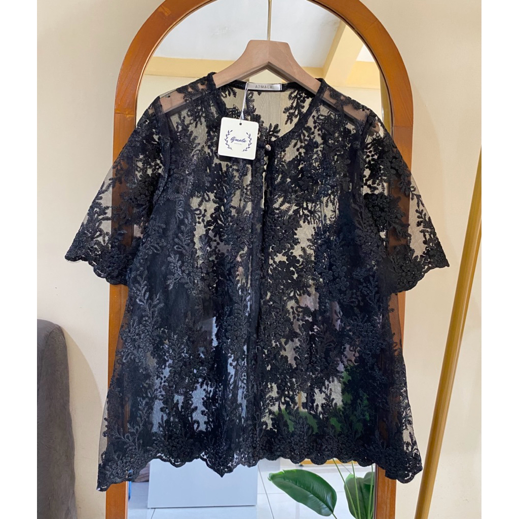 Outer brukat short hitam / baju kondangan / outer brokat flower / outer pendek / Ajmala