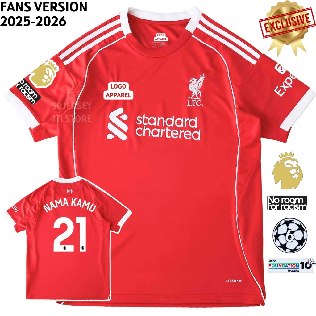 Jersey Lvrpl Home 2025 2026 FANS Baju Bola Merah Pasang Custom Sablon Nama Nomor Punggung Nameset Fu