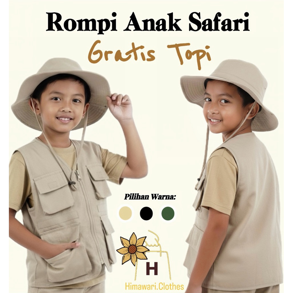 Vest Rompi Anak Safari/Vest Rompi Anak Mancing/Rompi Anak Hiking/Rompi Anak Safari Zoo Gratis Topi