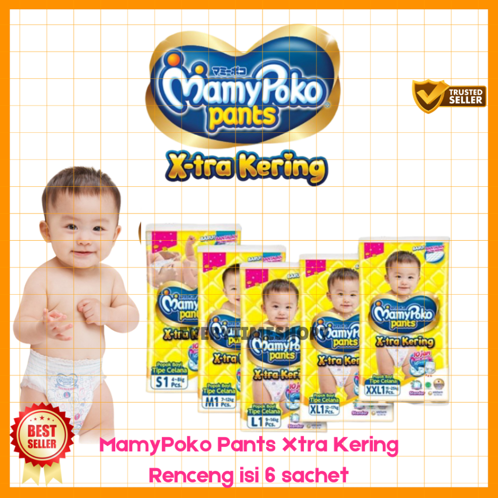 MamyPoko Pants Xtra Kering Rencengan isi 6 Sachet – Pampers Popok Bayi Celana Anti Gatal & Lecet, 14