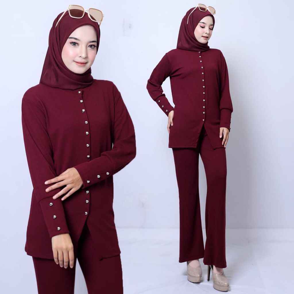 Setelan Cutbray Wanita Atasan Tunik Kancing Terbaru One Set Lengan Panjang Celana Cutbray Kekinian