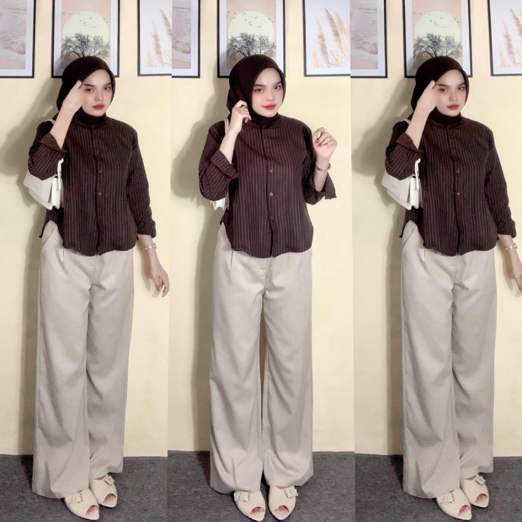 One Set Wanita / Kemeja Strip + Oro Pants Haighwaist + Hijab / Setelan Wanita / Setelan Wanita Kekin