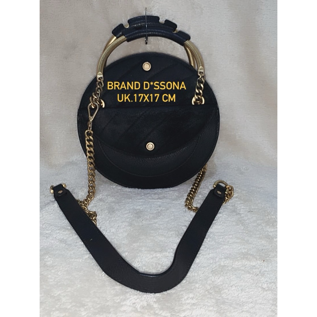 Brand D*ssona Preloved Tas Sling bulat Kulit Wanita lengkap top handle