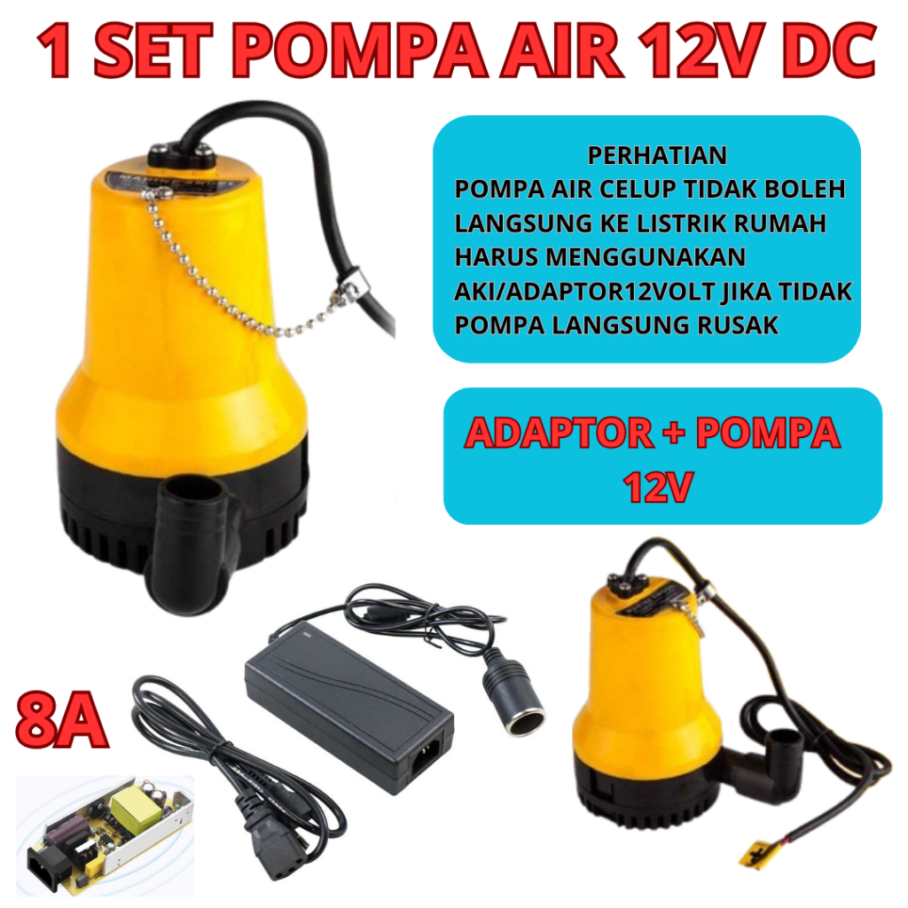 HAN Pompa Air Celup 1 Set Dengan Adaptor 8A Submersible Water Bilge Pump DC 12V / Pompa 1 Inch Aki