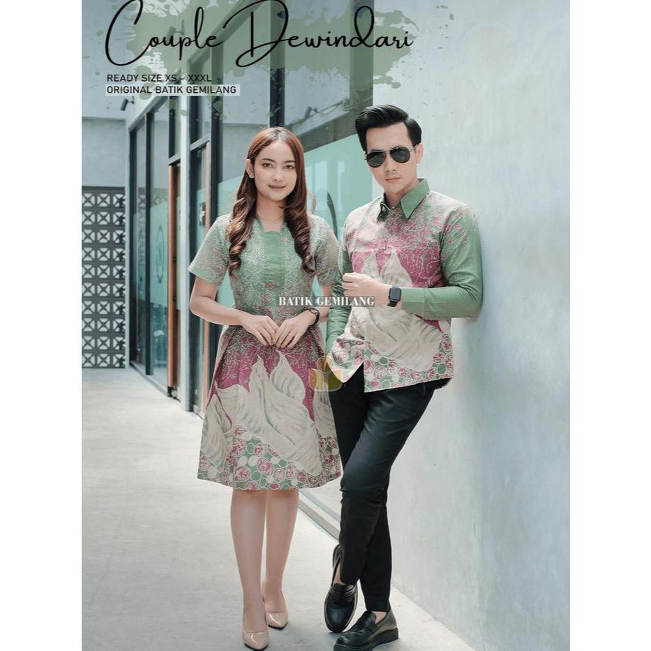 Batik Gemilang - Motif DEWINDARI SAGE Couple Batik Premium Kemeja & Dress Elegan Natal, Kondangan