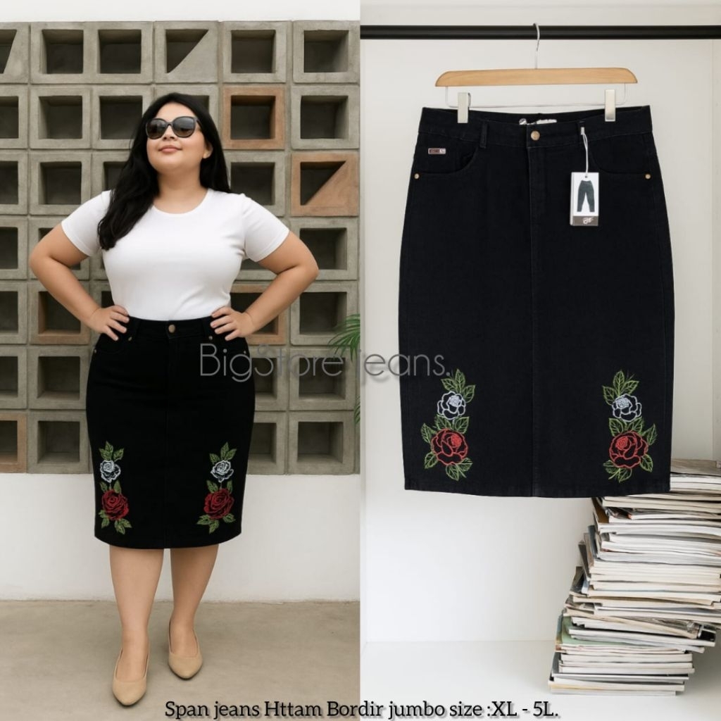 ROK Span Jeans  miotif Bordir asli .panjang 7/8. ,Rok span jeans bordir bunga jumbo SIZE: XL-5L.( ju
