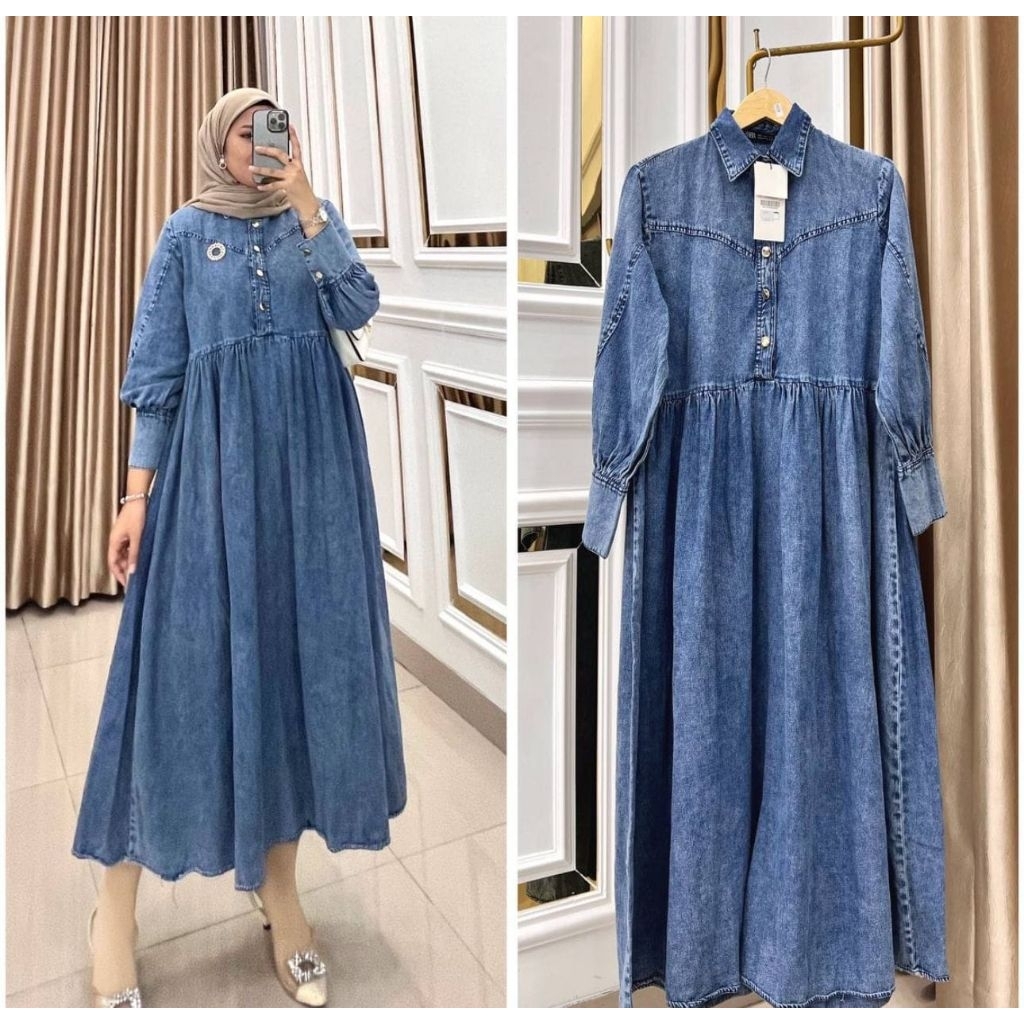 Zefina GAMIS SYAHRINI JEANS DRESS DINAR KENAN LD 110cm  MIDI MAXY  KEKINIAN TERBARU