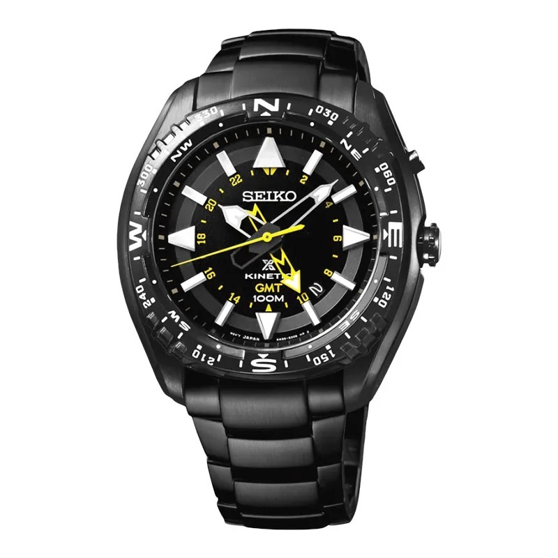 Seiko SUN047 Seiko SUN047P1 Land Kinetic GMT 100M Black Dial Black Stainless Steel Strap Original Ga