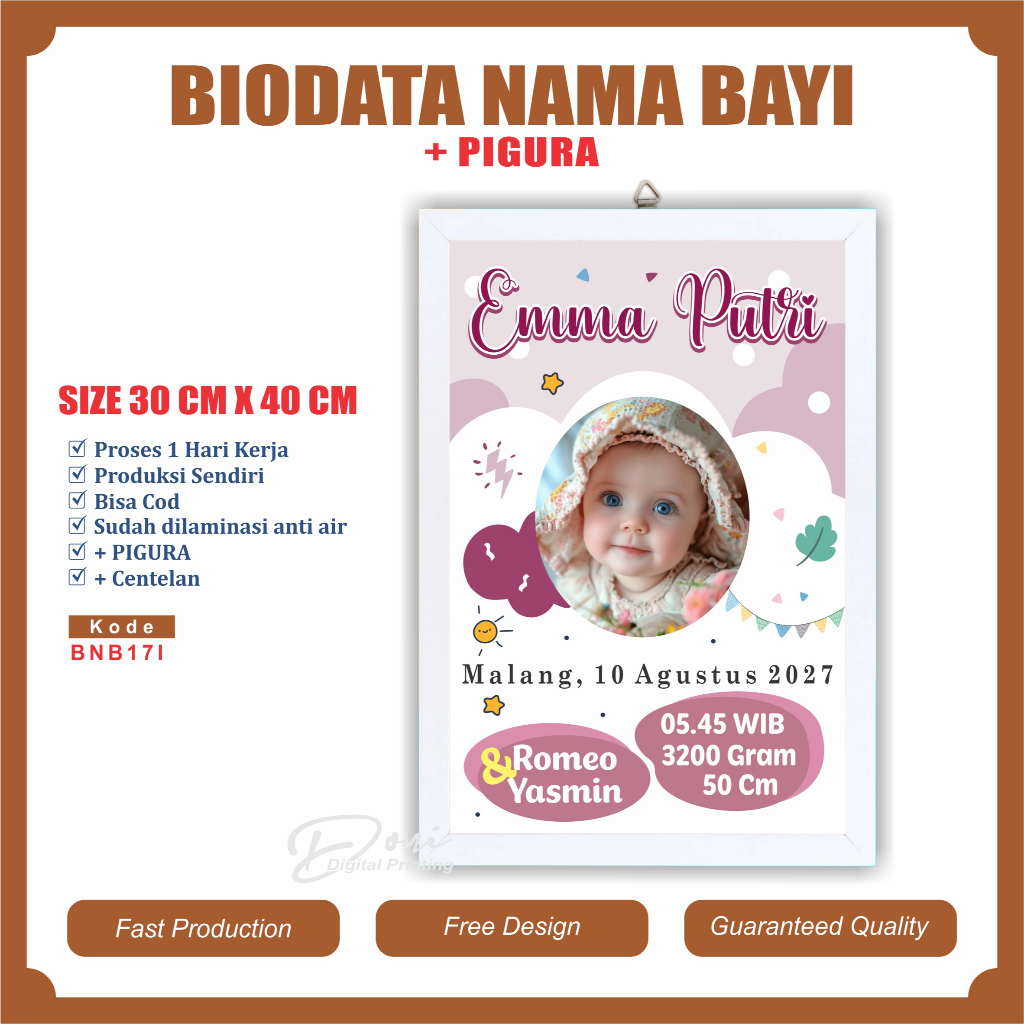 Biodata Kelahiran Bayi + Pigura Ukuran Jumbo 12 R 30 cm x 40 cm BNB17