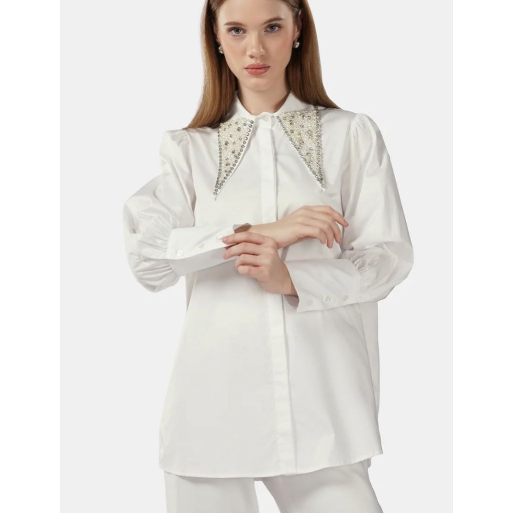 Benang Jarum Cataleya Beads Shirt White - Kemeja Putih Benang Jarum