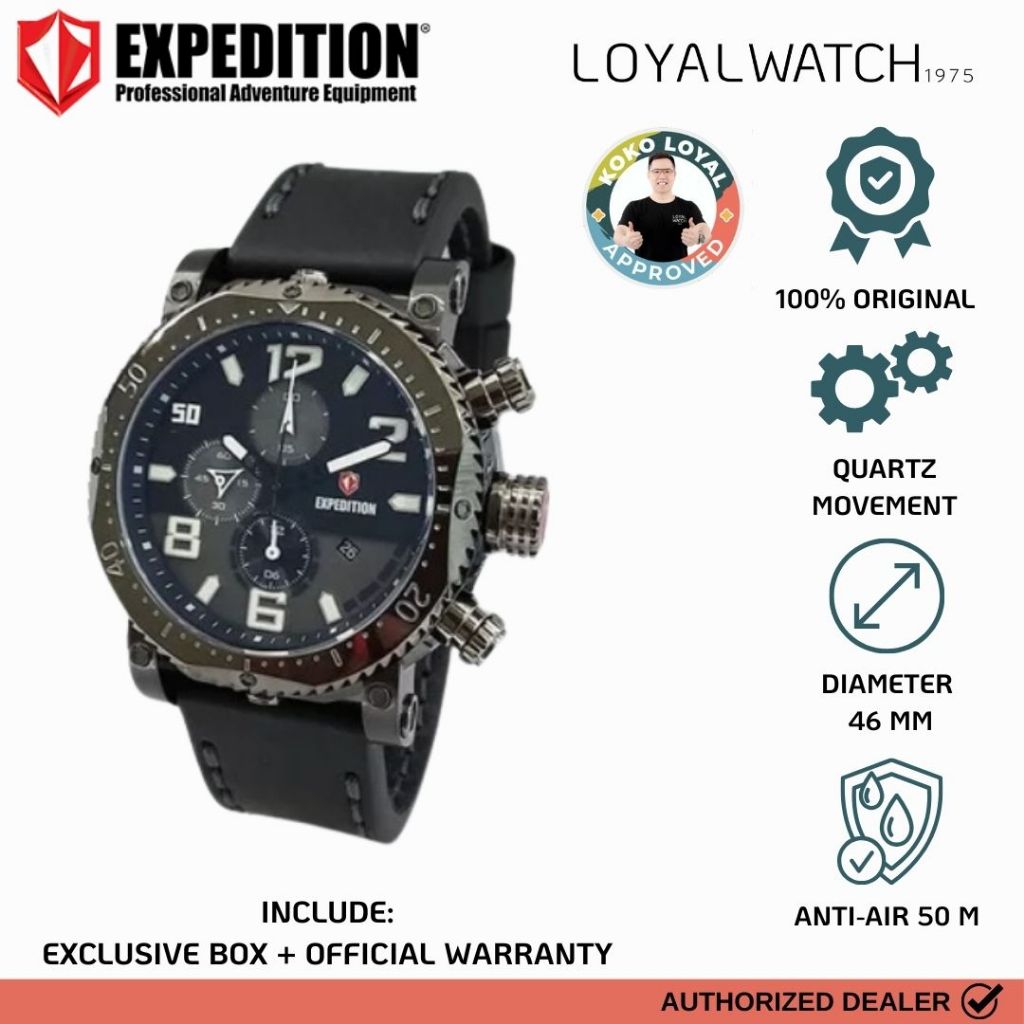Jam Tangan Expedition Chronograph Pria E-6658 Black Leather Original Garansi Resmi