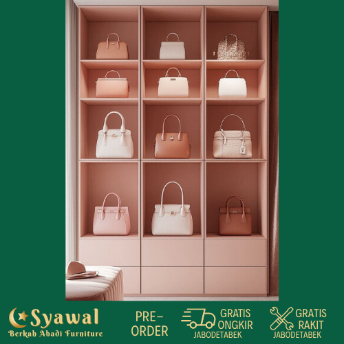 SYAWAL Rak Estetik Display Tas Sepatu, Rak Toko Tas ada Laci, Bisa Custom