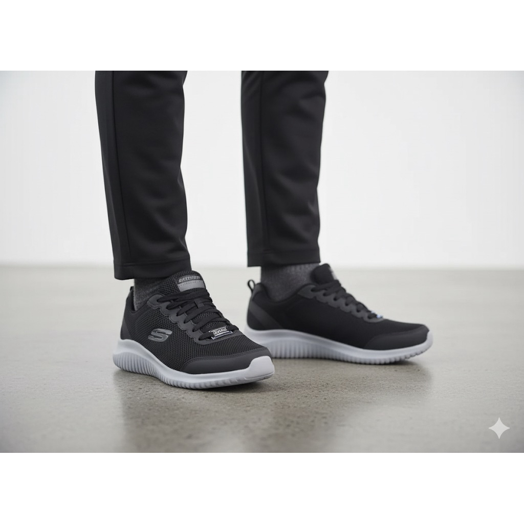 Sepatu Lari Pria Skechers Flection Flotest Black Grey Memory Foam