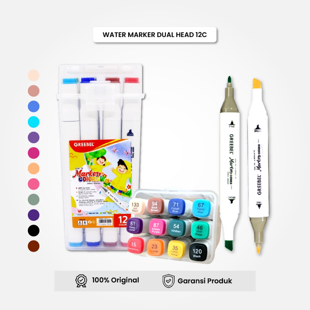 Greebel Spidol Warna Warni 1 Set [ 12 WARNA ] Water Marker Dual Head Spidol Sketch Mewarnai Menggamb