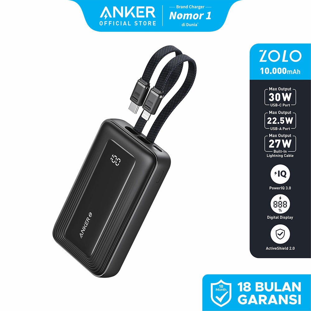Anker Zolo Power Bank 10.000mAh 30W Max Fast Portable Charger with Built-in USB-C and MFi Certified 