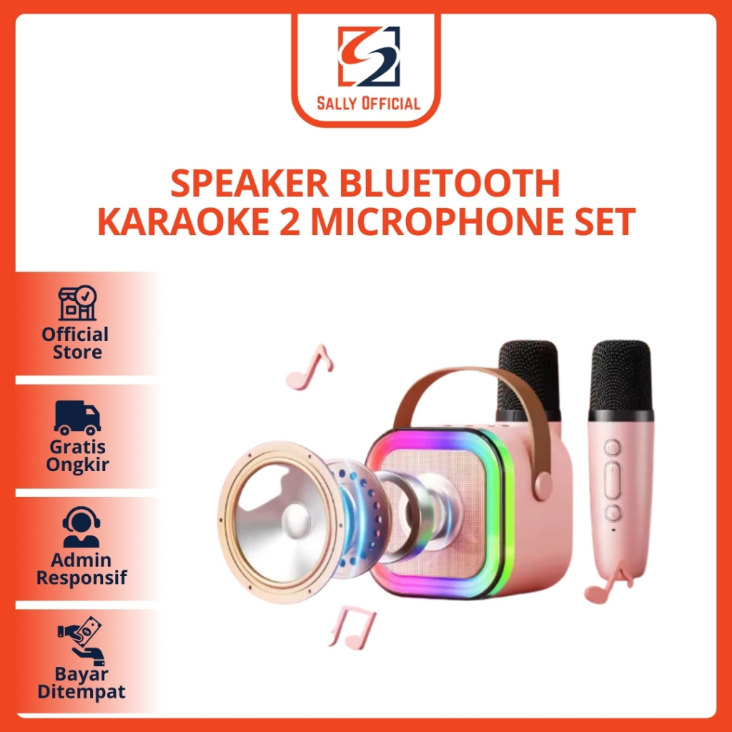 (SALLY) Speaker Bluetooth Karaoke 2 Microphone Set Salon Bluetooth Speaker Karaoke Mini Portable Kar