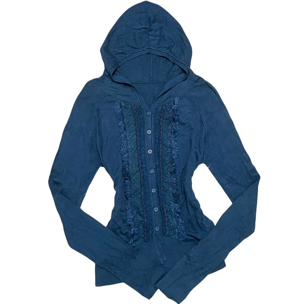 Knit Ruffle Pointelle Lace Buttoned Up Hoodie Longsleeve Knit Top | Kawaii cottagecore lolita shabby