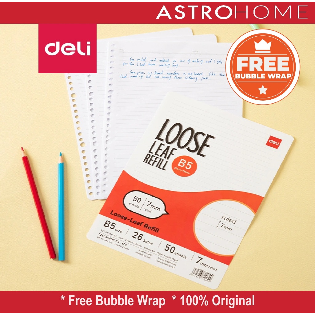 

Refill Loose Leaf Notebook Kertas Isi Ulang Binder Deli EN208B5 EN 208 Ukuran B5 26 Holes Line Garis 7 mm 50 Lembar