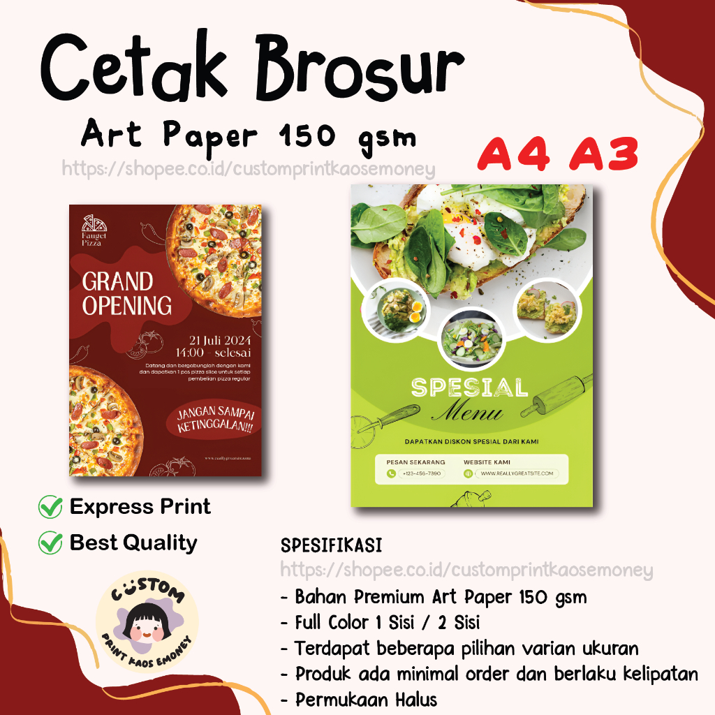 CETAK BROSUR A3 A4 FLYER LEAFLET ART PAPER 150 gsm 1SISI & 2SISI Proses CEPAT Selebaran Premium RIM