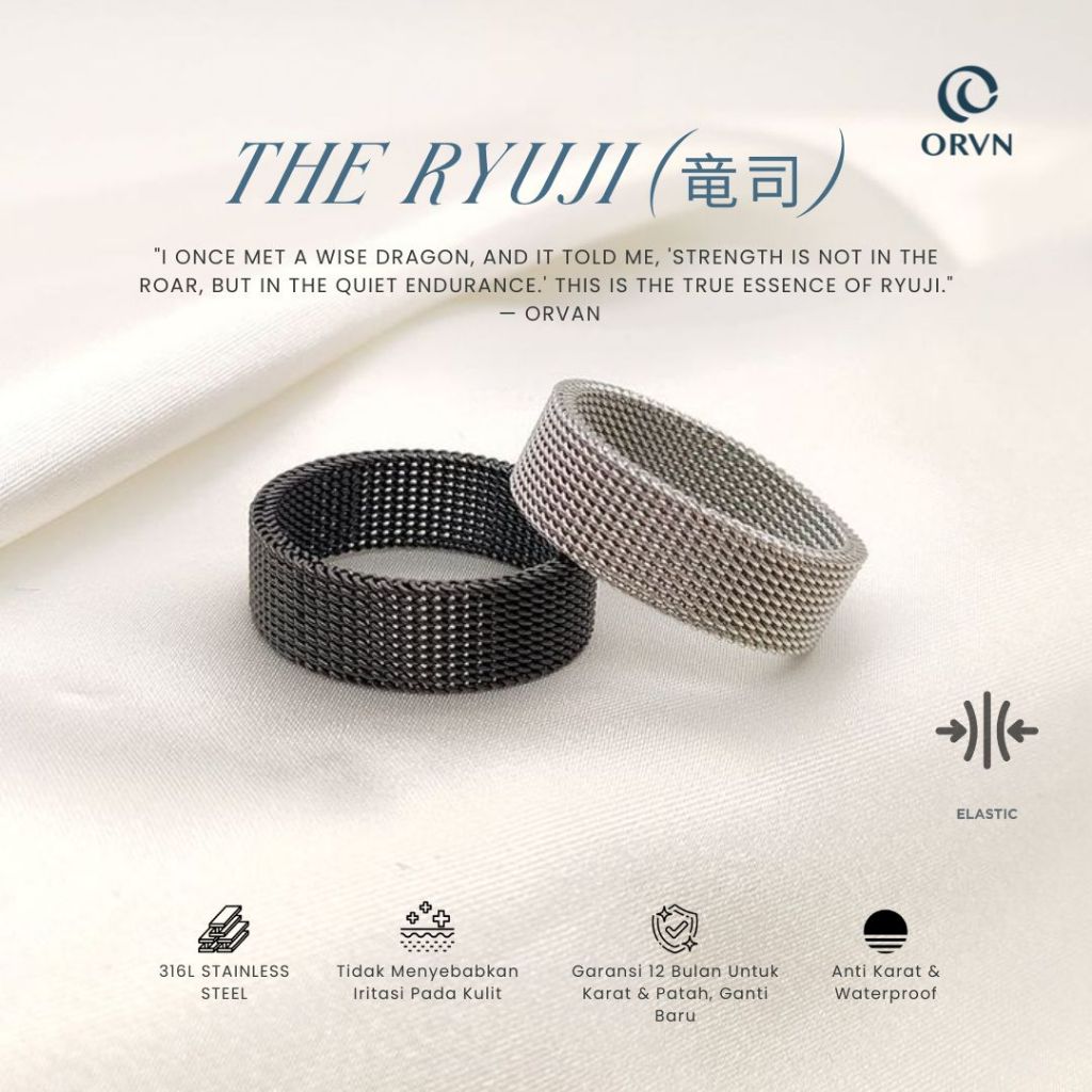 ORVAN - THE RYUJI RING [Beli 3 Gratis 1] Cincin Unisex Pria Wanita Silver/Hitam Motif Mesh Elastis M