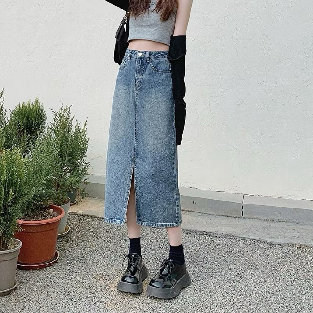 Denim Wanita Korea Rok Panjang Long Skirt Belah Depan