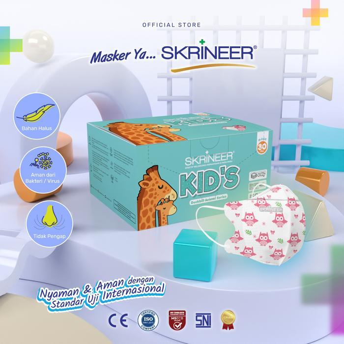 Skrineer Duckbill Masker Anak 4 Ply Animal Series Isi 30 | Motif Giraffe Dolphin Owl | Masker Medis 
