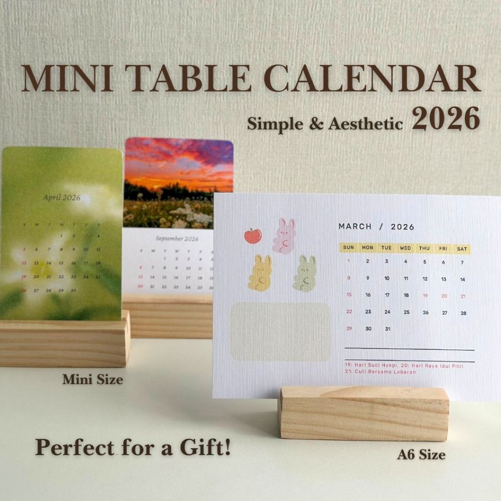 

Mini Kalender Meja 2026 + Wooden Stand | A6 Desk Calendar Aesthetic | Hadiah / Gift Set / Dekorasi