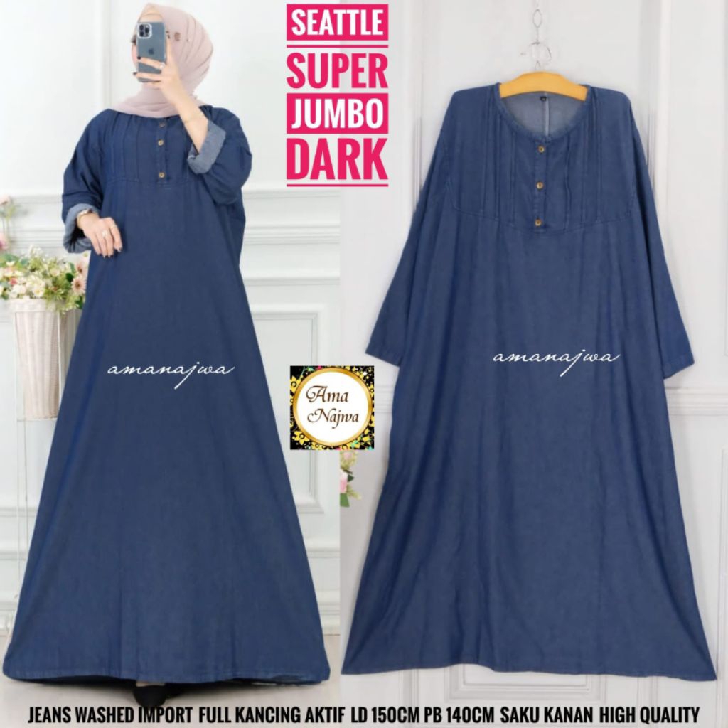 Gamis Jeans Wanita Super Jumbo Big Size Dress LD 150 Bahan Jeans Washed Import